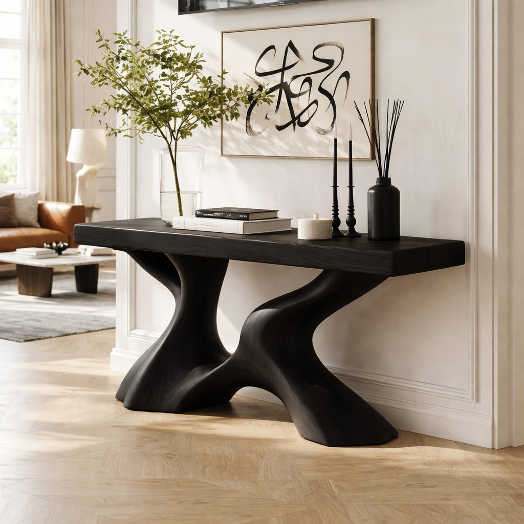 Solid Wood Console Table with Sculpted Curved Base, Modern Organic Design
