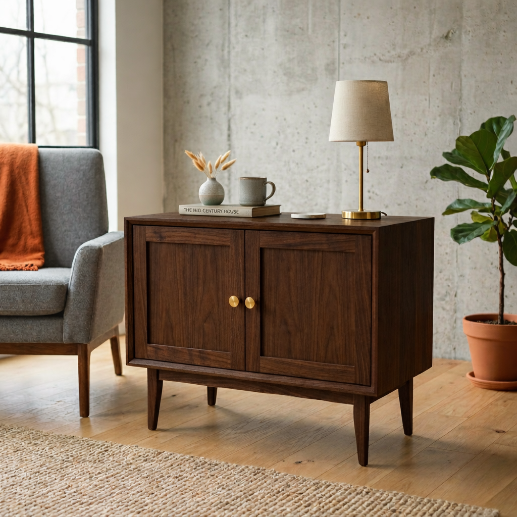 Solid Wood End Table with Double Doors – Mid Century Modern Bedside Side Table