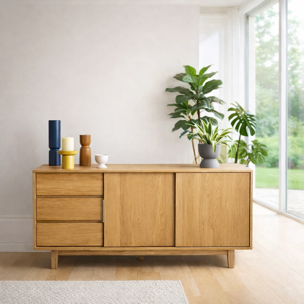 Scandinavian Style Sideboard Cabinet with Sliding Doors and Drawers – Storage Unit