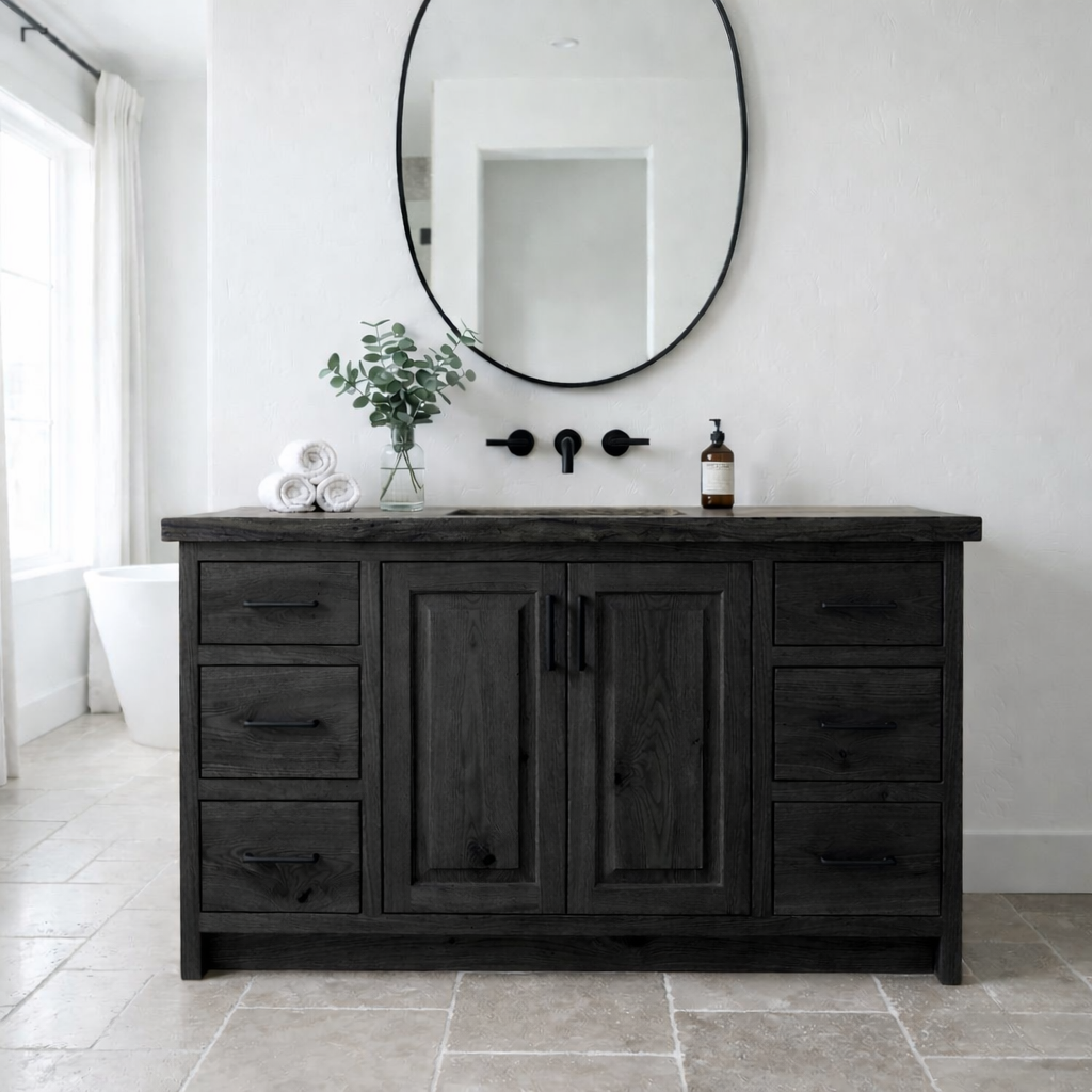 Solid Wood Bathroom Vanity with Drawers & Cabinet – Rustic Modern Storage Base