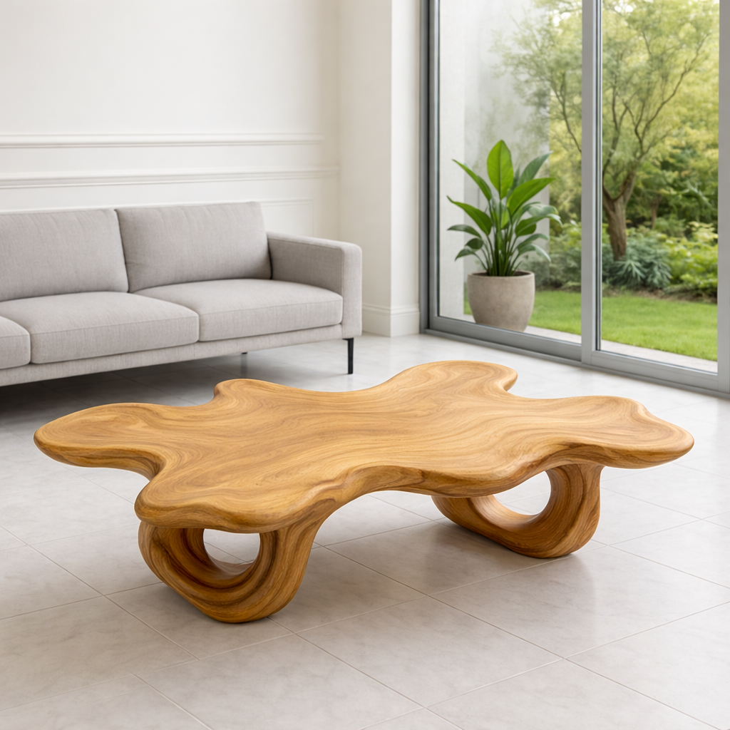 Modern Solid Wood Coffee Table with Unique Organic Shape for Contemporary Living Room