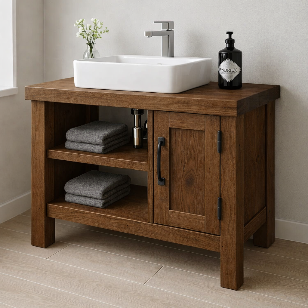 Solid Wood Bathroom Vanity Cabinet – Modern Oak Bathroom Vanity with Shelf Storage