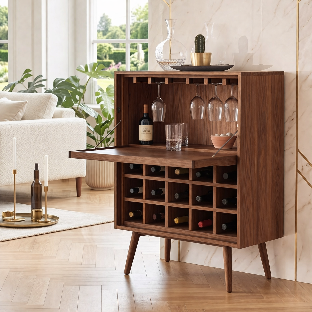 Modern Wine Cabinet with Fold Down Bar Shelf and Bottle Storage Rack