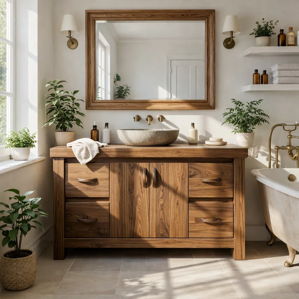 Solid Wood Bathroom Vanity Cabinet with Drawers – Rustic Oak Vanity Base Only