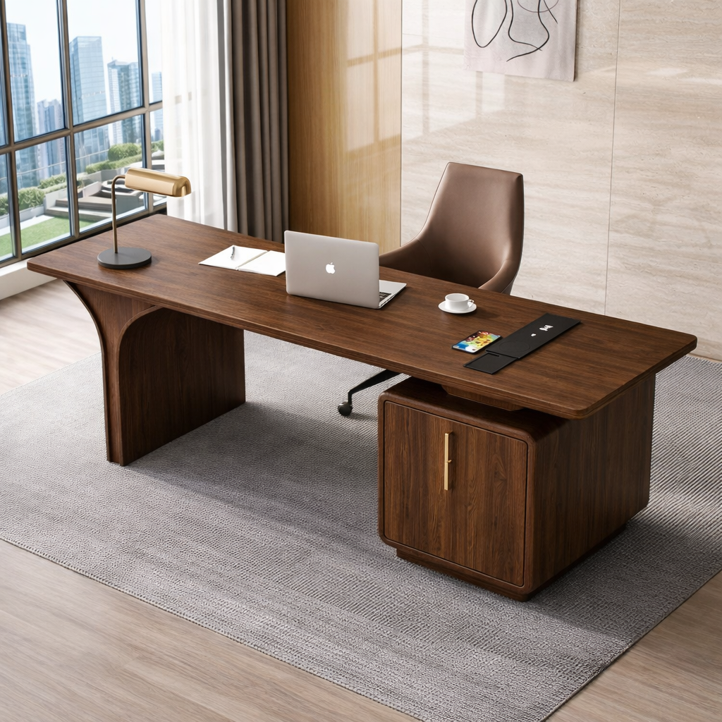 Modern Executive Desk with Curved Base and Cabinet, Minimalist Office Writing Table