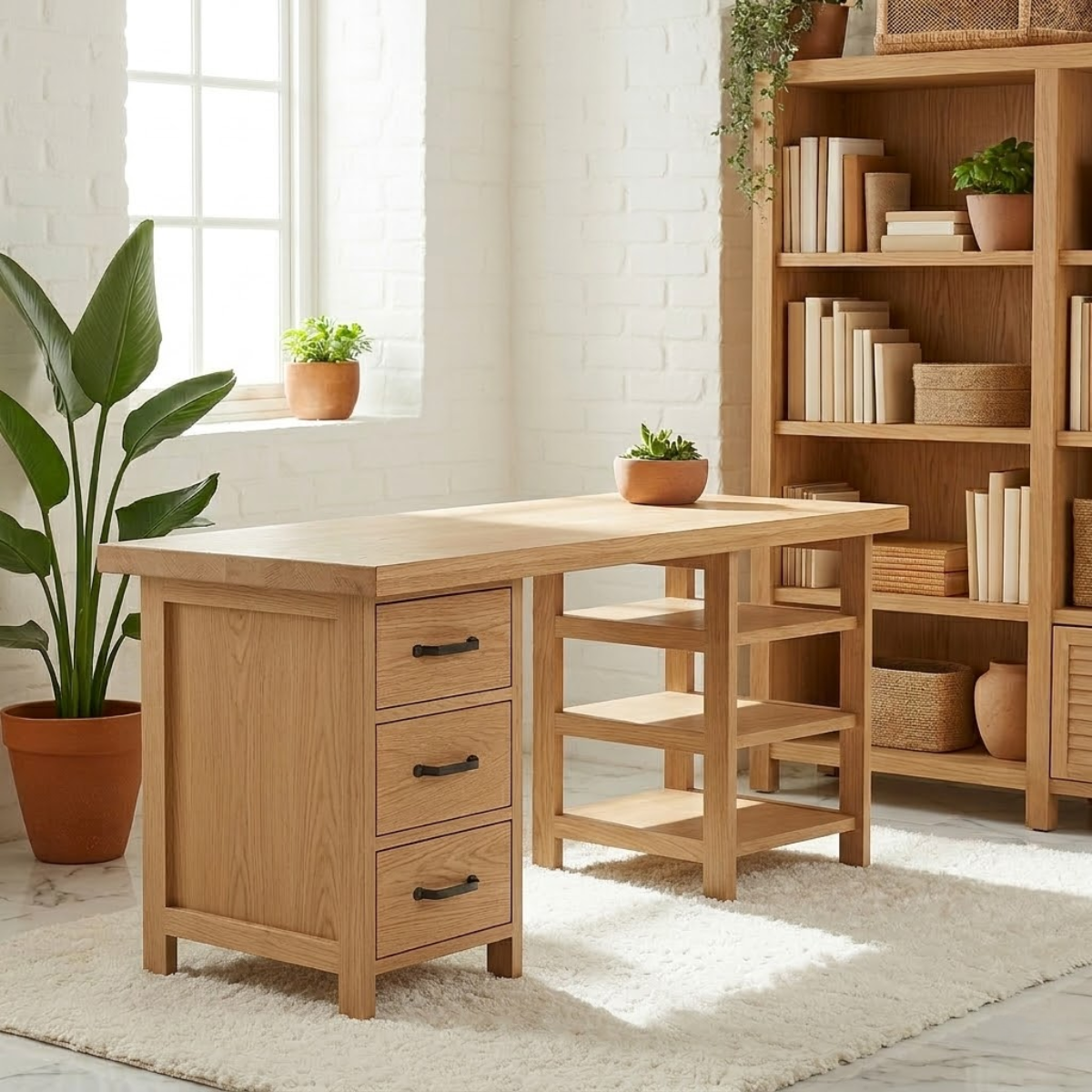 Modern Work Desk with Drawers and Open Shelving Home Office Minimal Storage Desk