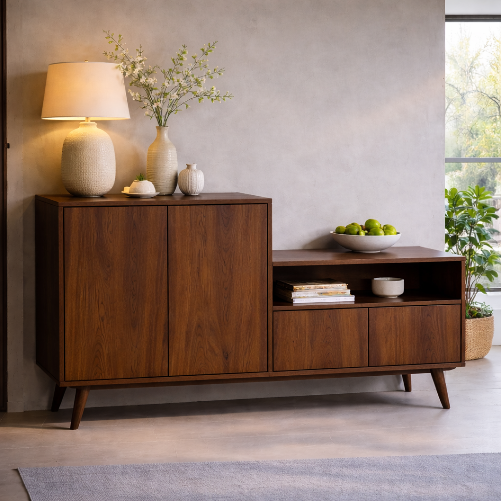 Solid Wood Console Cabinet with Open Shelf and Storage Doors – Modern Sideboard