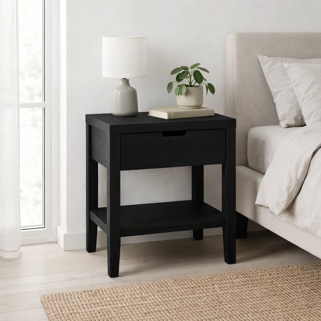 Solid Oak Nightstand with Drawer & Shelf – Modern Wooden Bedside Table