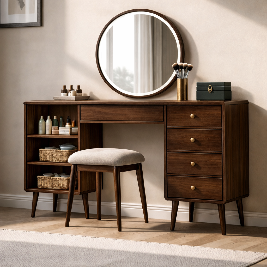 Solid Wood Makeup Vanity with Spacious Storage – Modern Mid-Century Design