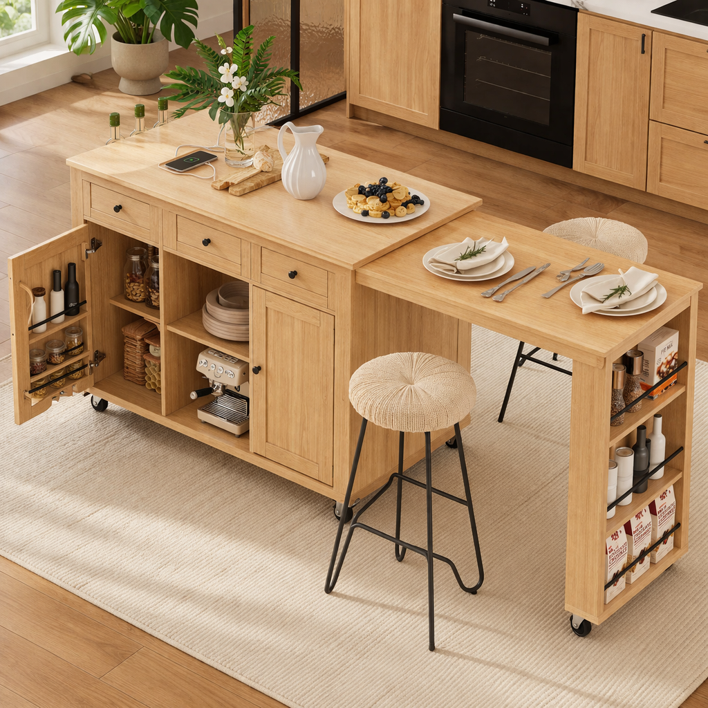 Rolling Kitchen Island with Extendable Dining Table Storage Cabinet and Spice Rack Organizer