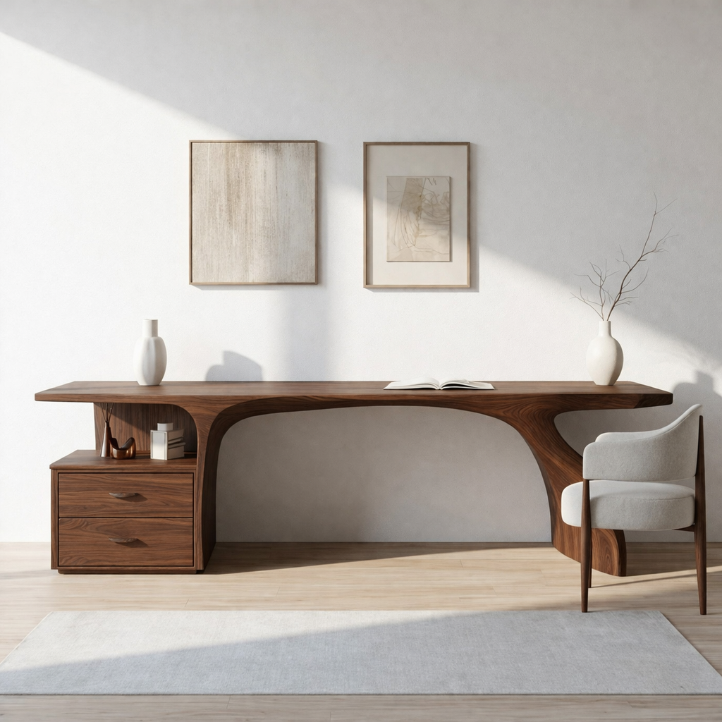 Curved Writing Desk with Storage Drawer Modern Home Office Table Minimalist Workstation
