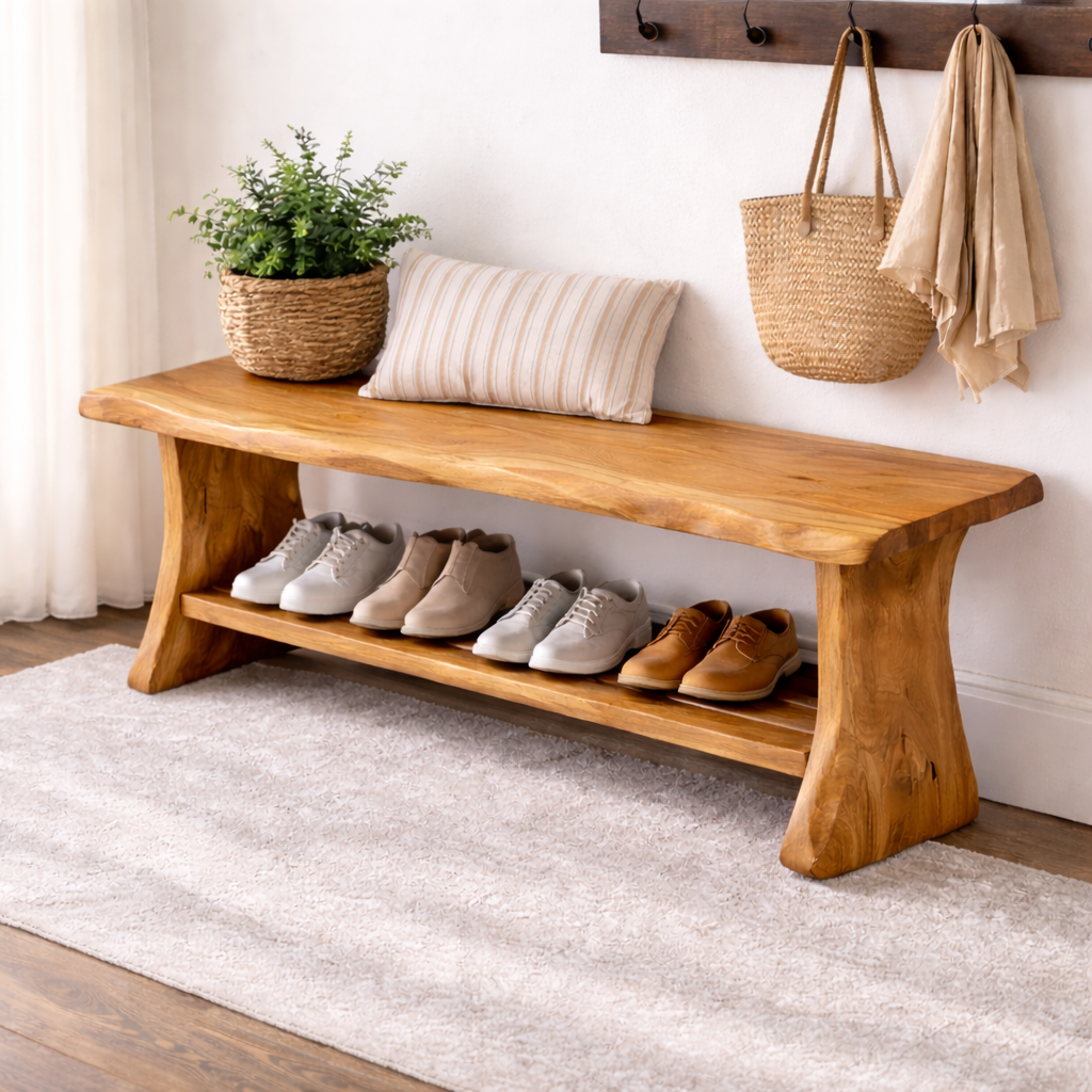 Solid Wood Entryway Bench with Shoe Storage | Rustic Bench for Hallway