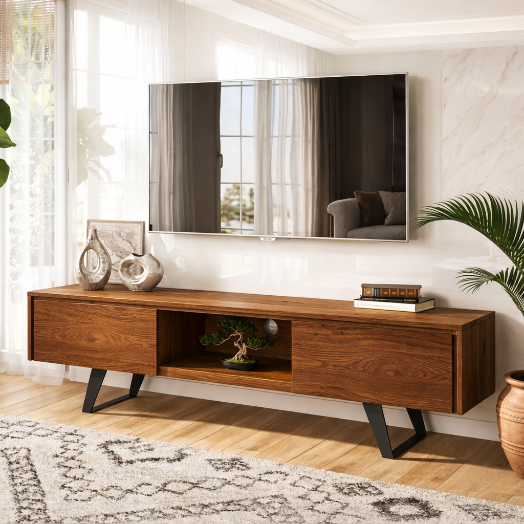 Solid Wood TV Stand with Storage, Open Shelf Media Console Cabinet