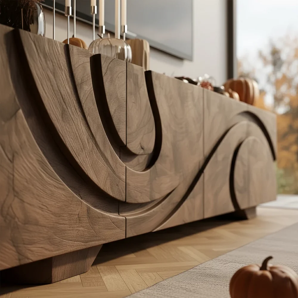 Solid Wood TV Stand Modern Walnut Media Console with Sculpted Doors and Storage