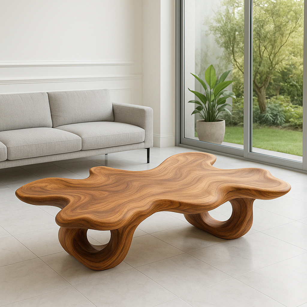 Modern Solid Wood Coffee Table with Unique Organic Shape for Contemporary Living Room