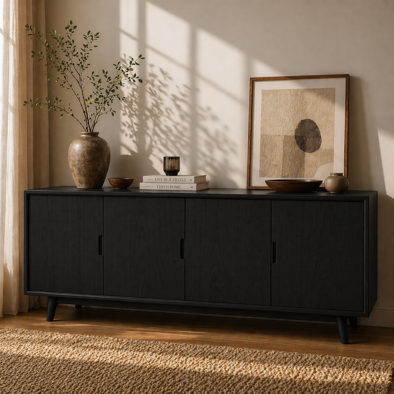 Modern Solid Wood Sideboard Cabinet with 4 Doors – Minimalist Storage Credenza