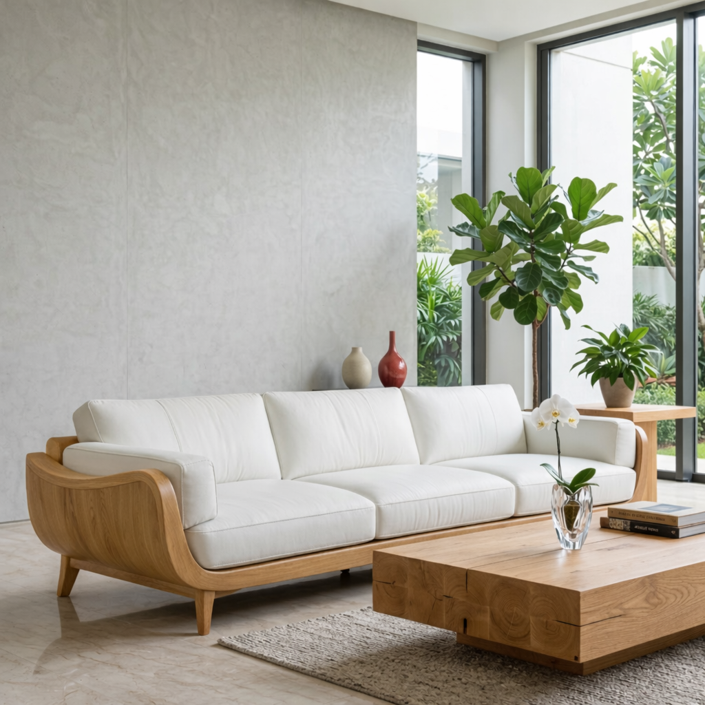 Modern Curved Solid Wood Sofa with White Leather Cushions Luxury Scandi Couch