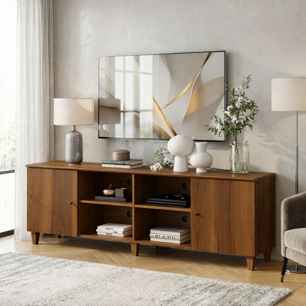 Modern Solid Wood TV Stand with Open Cubes and Side Cabinets Media Console