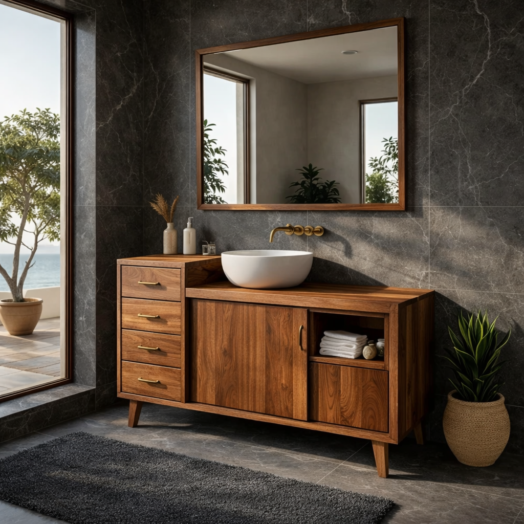 Solid Wood Bathroom Vanity with Drawers & Cabinet Storage – Mid Century Walnut Vanity