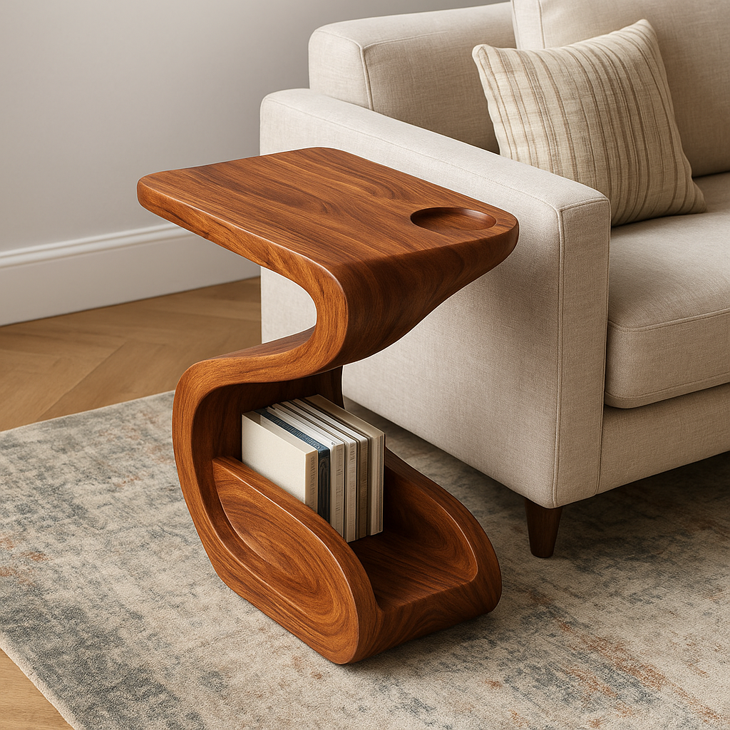 Solid Wood Sofa Armrest Table with Cup Holder and Magazine Storage Side Table