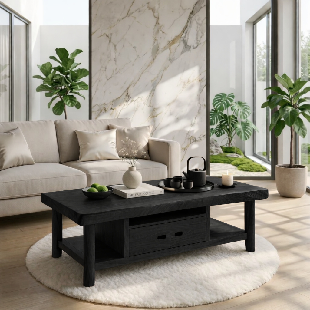 Solid Wood Coffee Table with Storage Shelf and Drawers for Living Room Decor