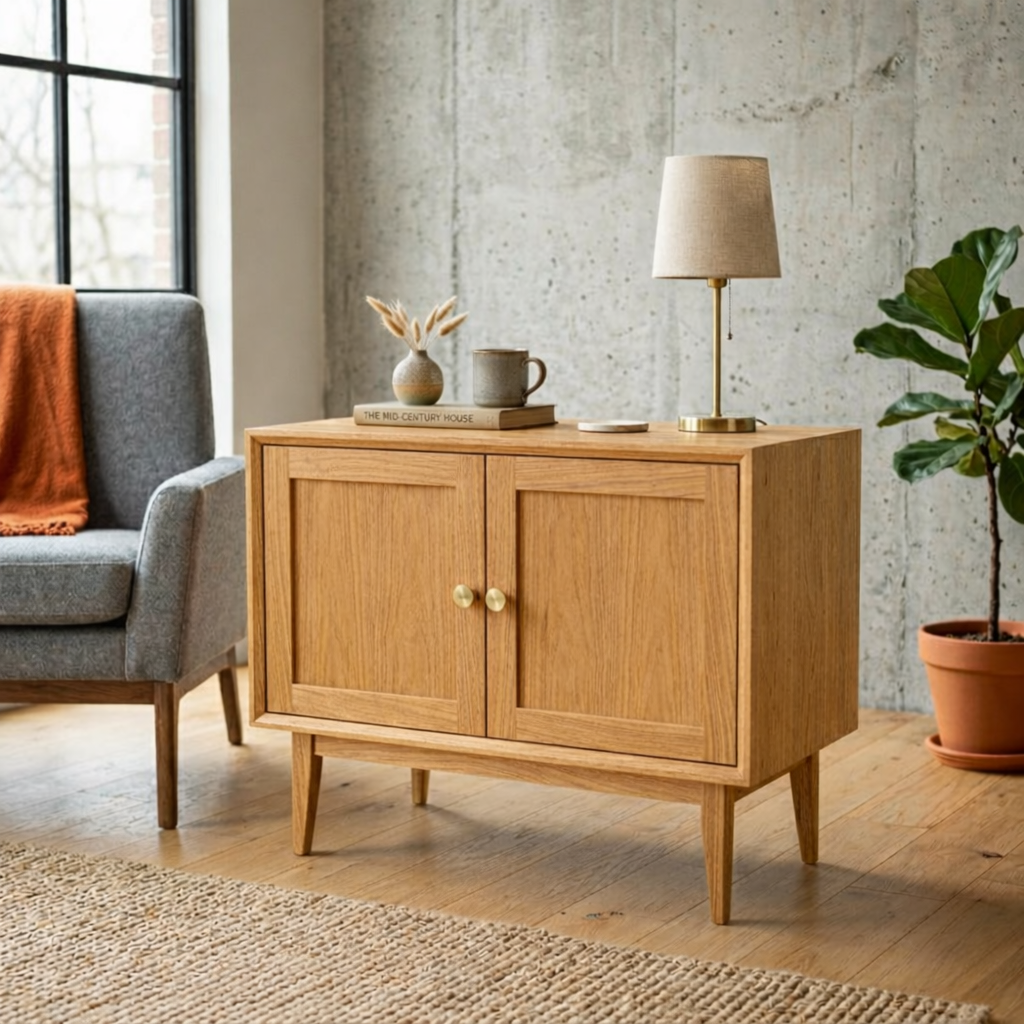 Solid Wood End Table with Double Doors – Mid Century Modern Bedside Side Table