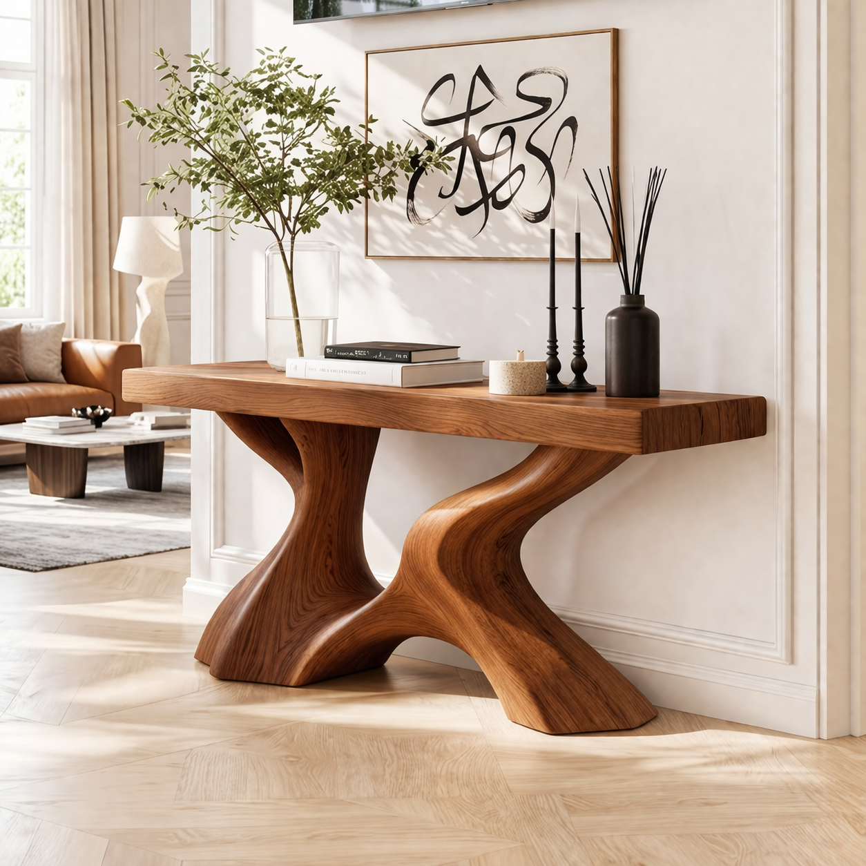 Solid Wood Console Table with Sculpted Curved Base, Modern Organic Design