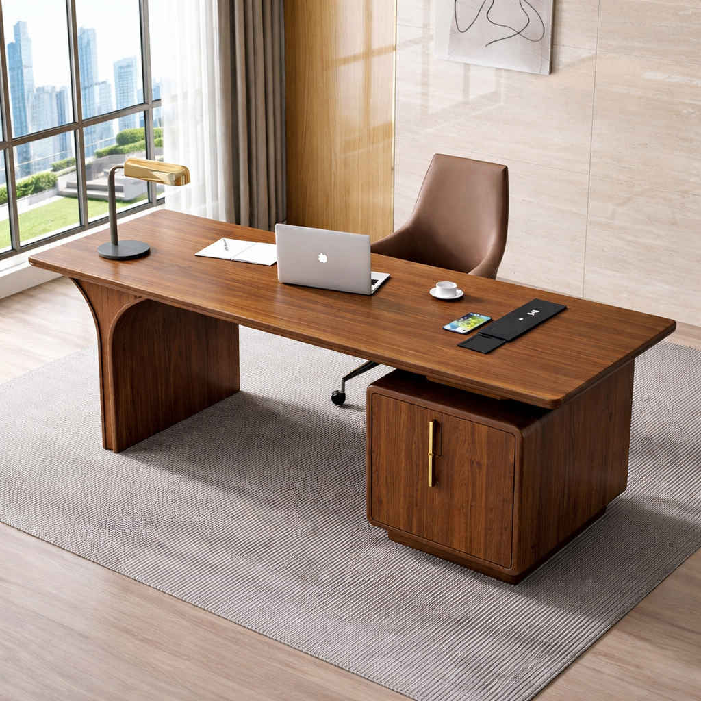 Modern Executive Desk with Curved Base and Cabinet, Minimalist Office Writing Table