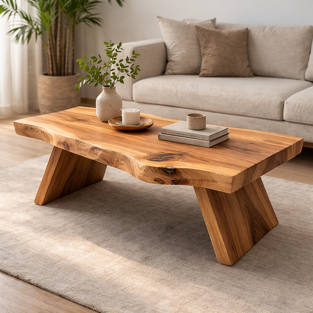 Live Edge Solid Wood Coffee Table with Thick Slab Top – Rustic Modern Living Room Table