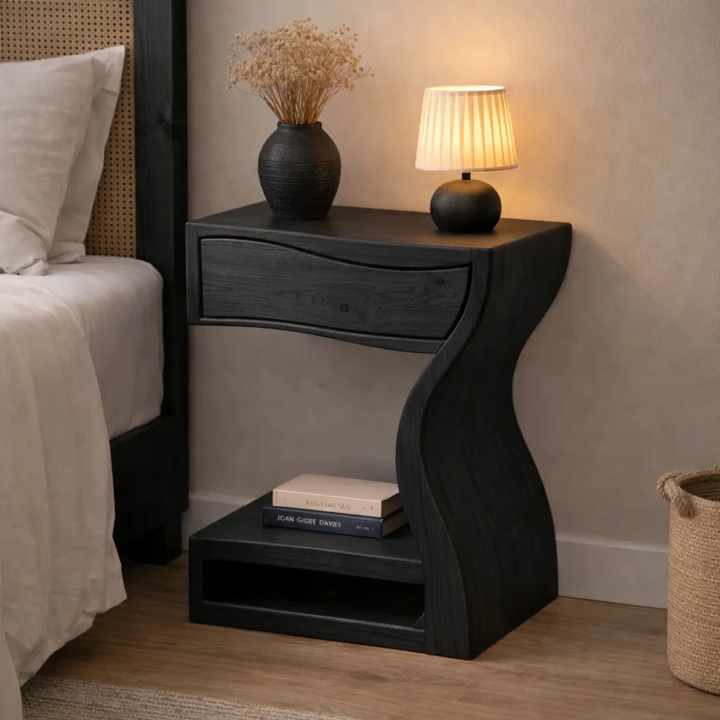 Solid Walnut Nightstand with Drawer and Shelf – Sculptural Curved Wood Bedside Table
