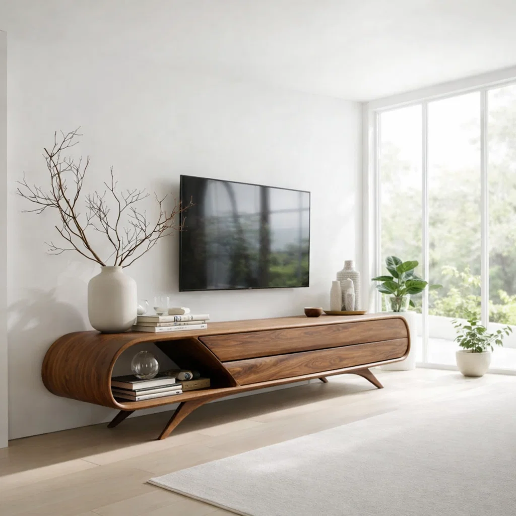Solid Wood Media Console with Curved Design & Drawer Storage, Modern TV Stand