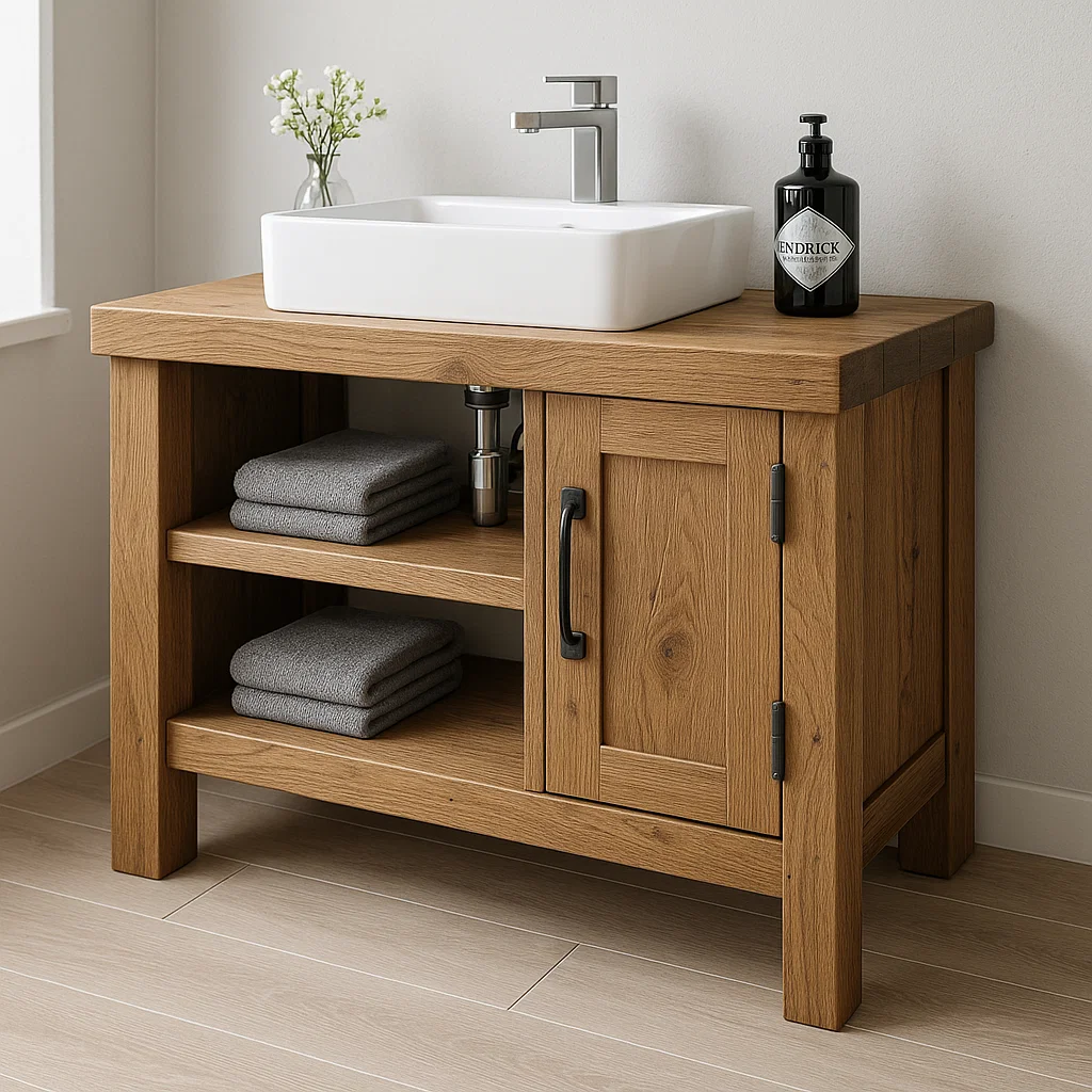 Solid Wood Bathroom Vanity Cabinet – Modern Oak Bathroom Vanity with Shelf Storage