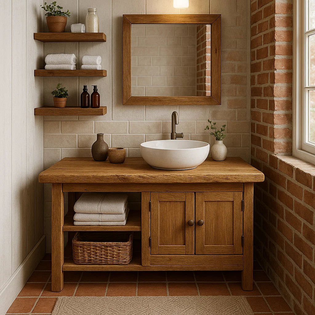 Rustic Solid Wood Bathroom Vanity with Cabinet and Open Shelf Farmhouse Vanity