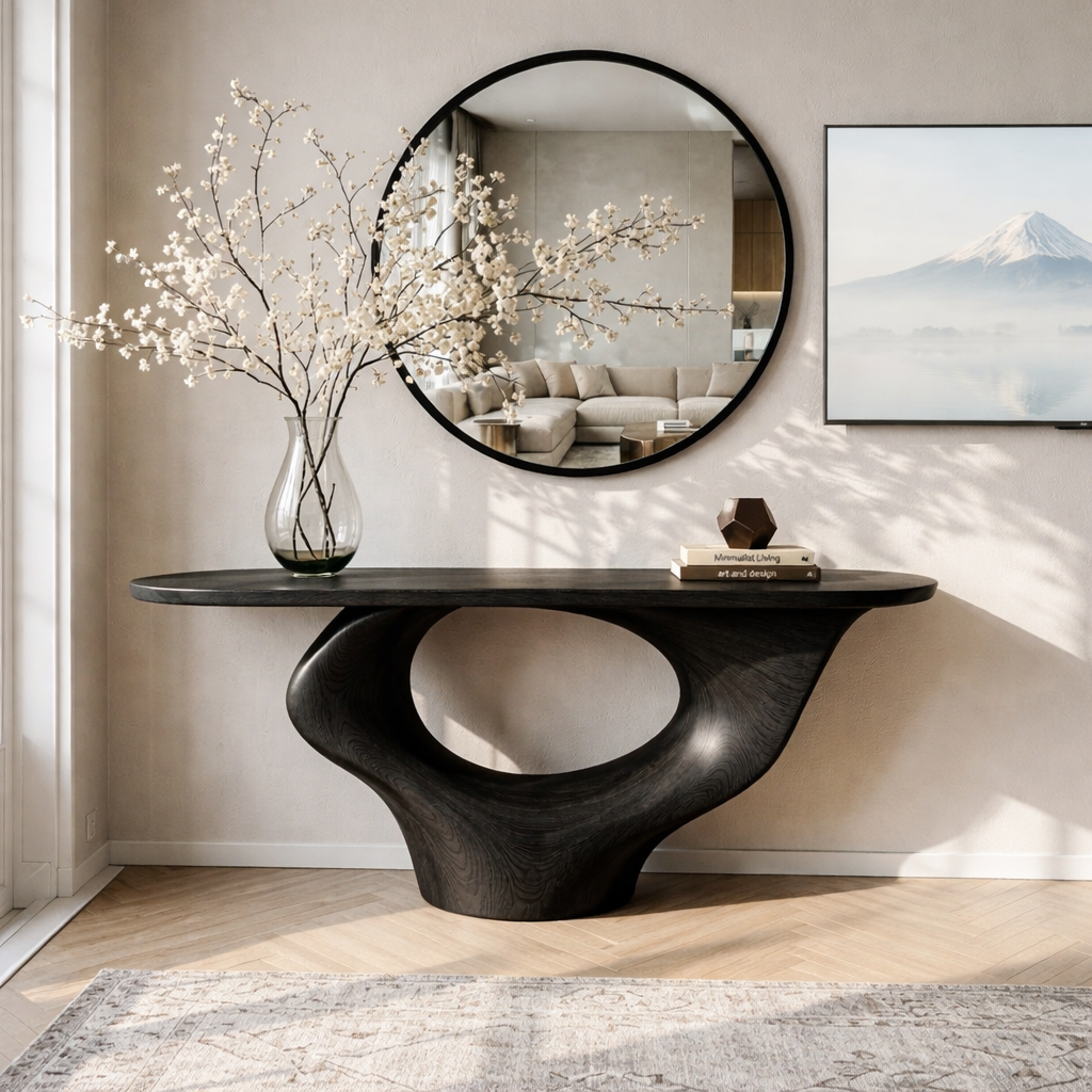Solid Wood Console Table with Sculptural Base, Modern Minimalist Design