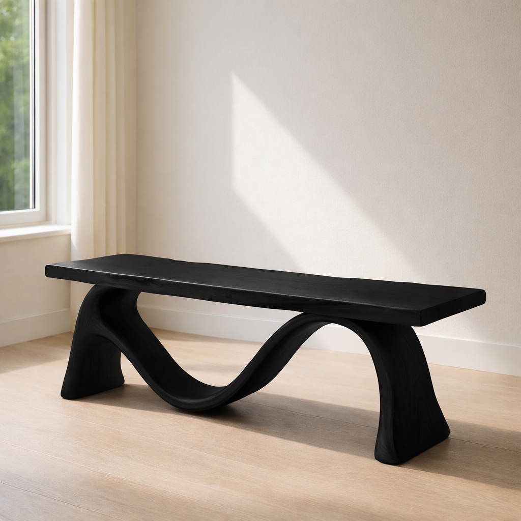 Solid Wood Bench with Sculptural Curved Base – Modern Entryway or Living Room Bench