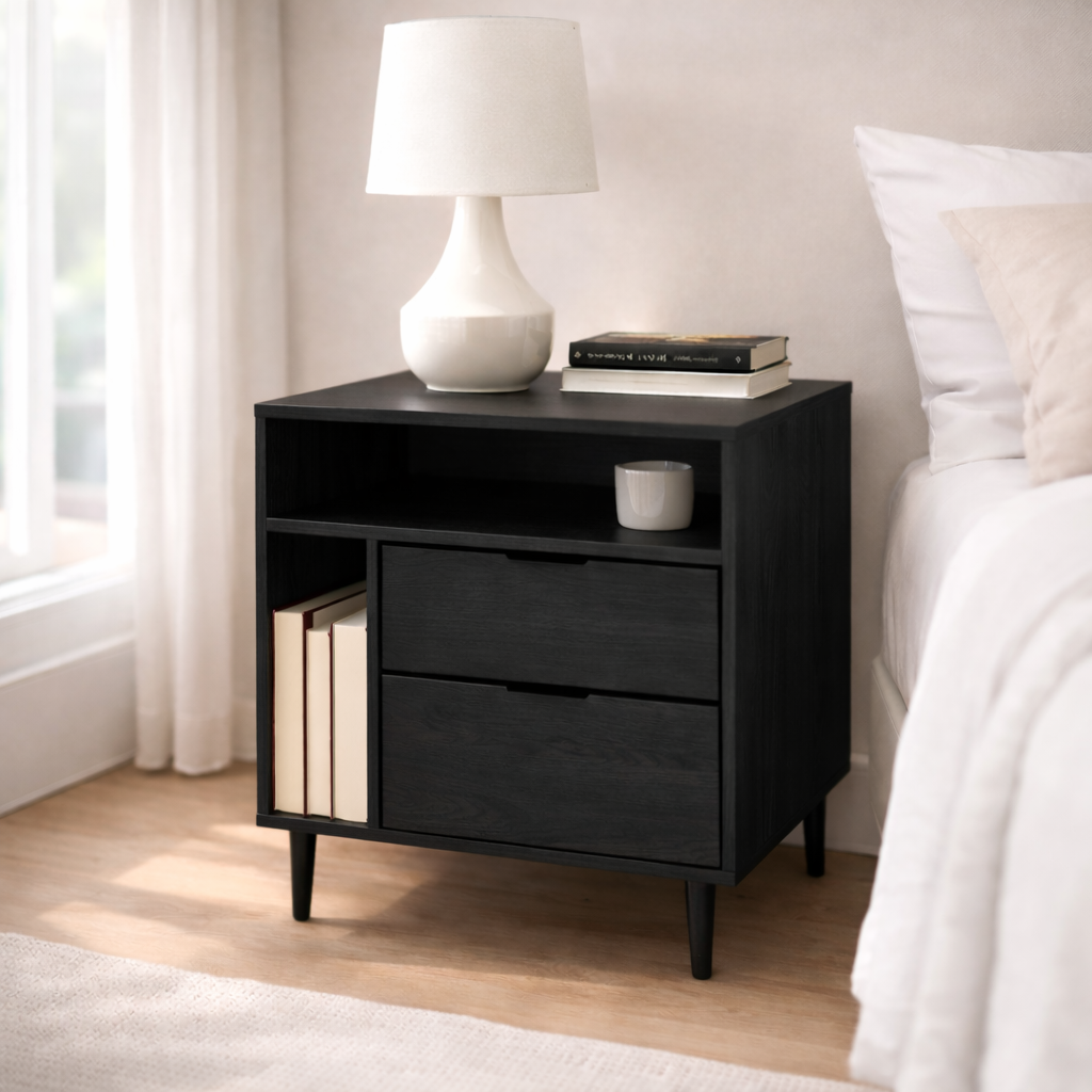 Solid Wood Nightstand with 2 Drawers & Shelf – Modern Bedside Table Storage