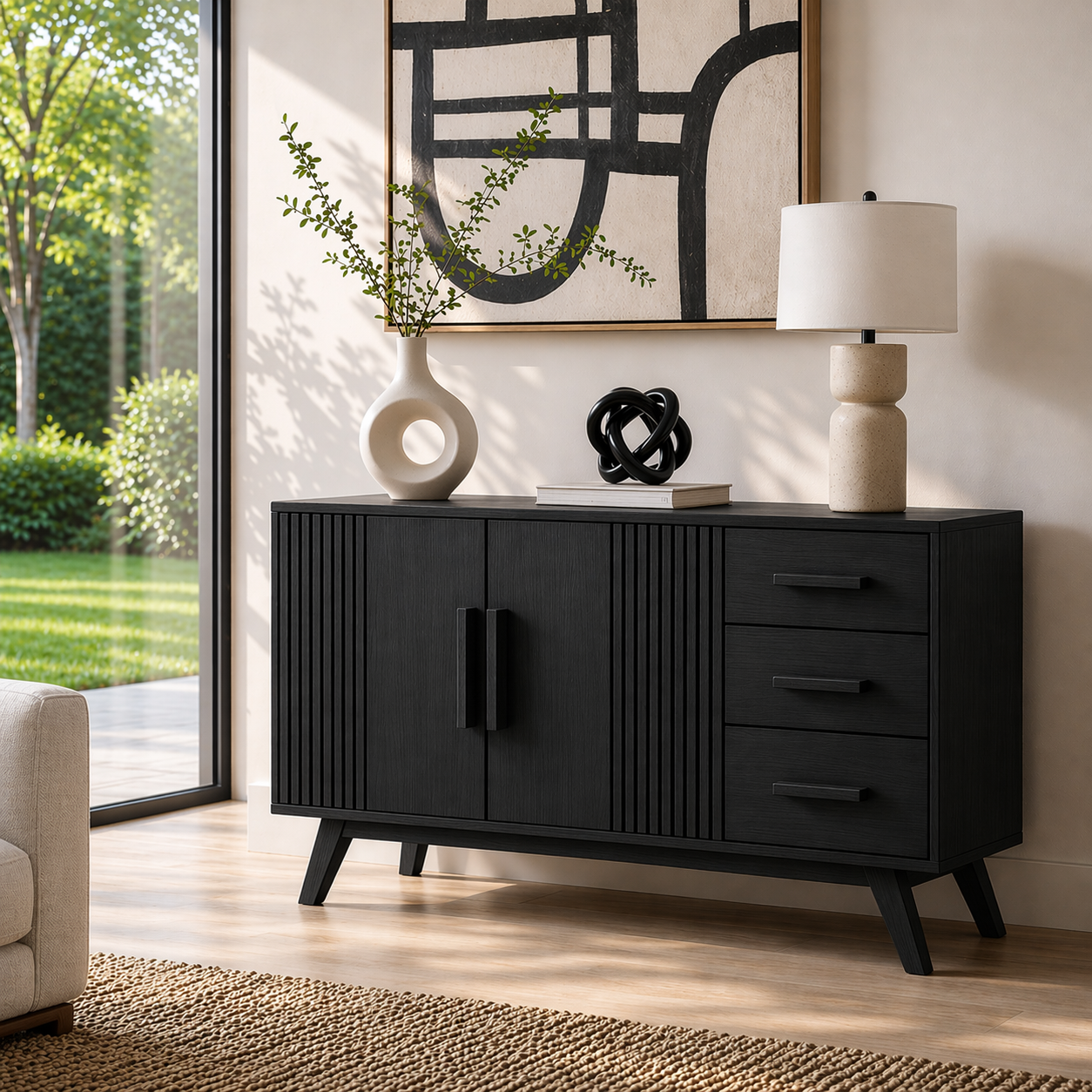 Solid Wood Console Sideboard with Slatted Design – Modern Walnut Storage Cabinet
