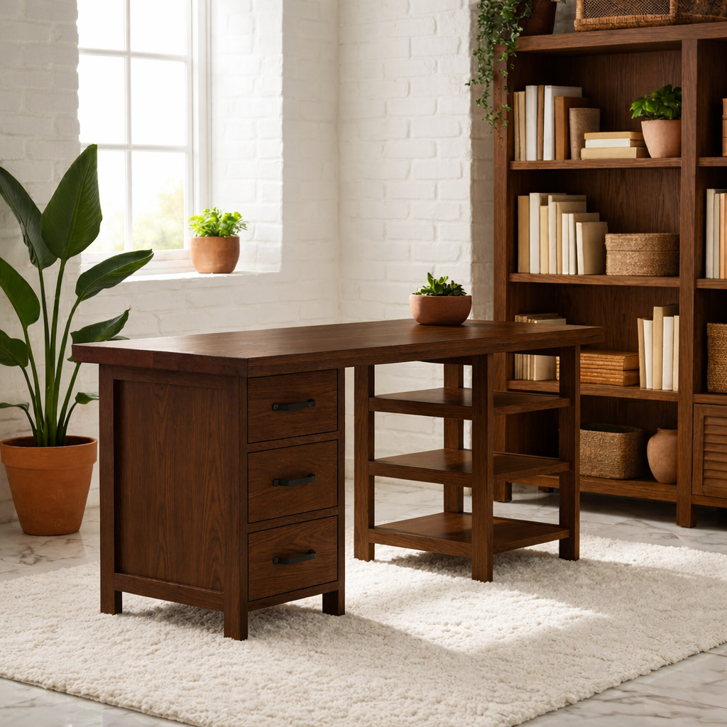 Modern Work Desk with Drawers and Open Shelving Home Office Minimal Storage Desk