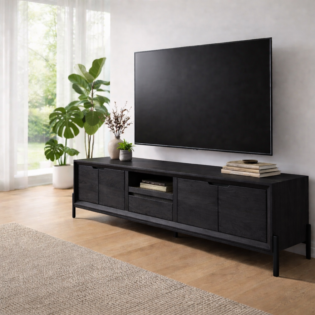 Solid Wood TV Console with Cabinets & Open Shelf – Modern Media Stand
