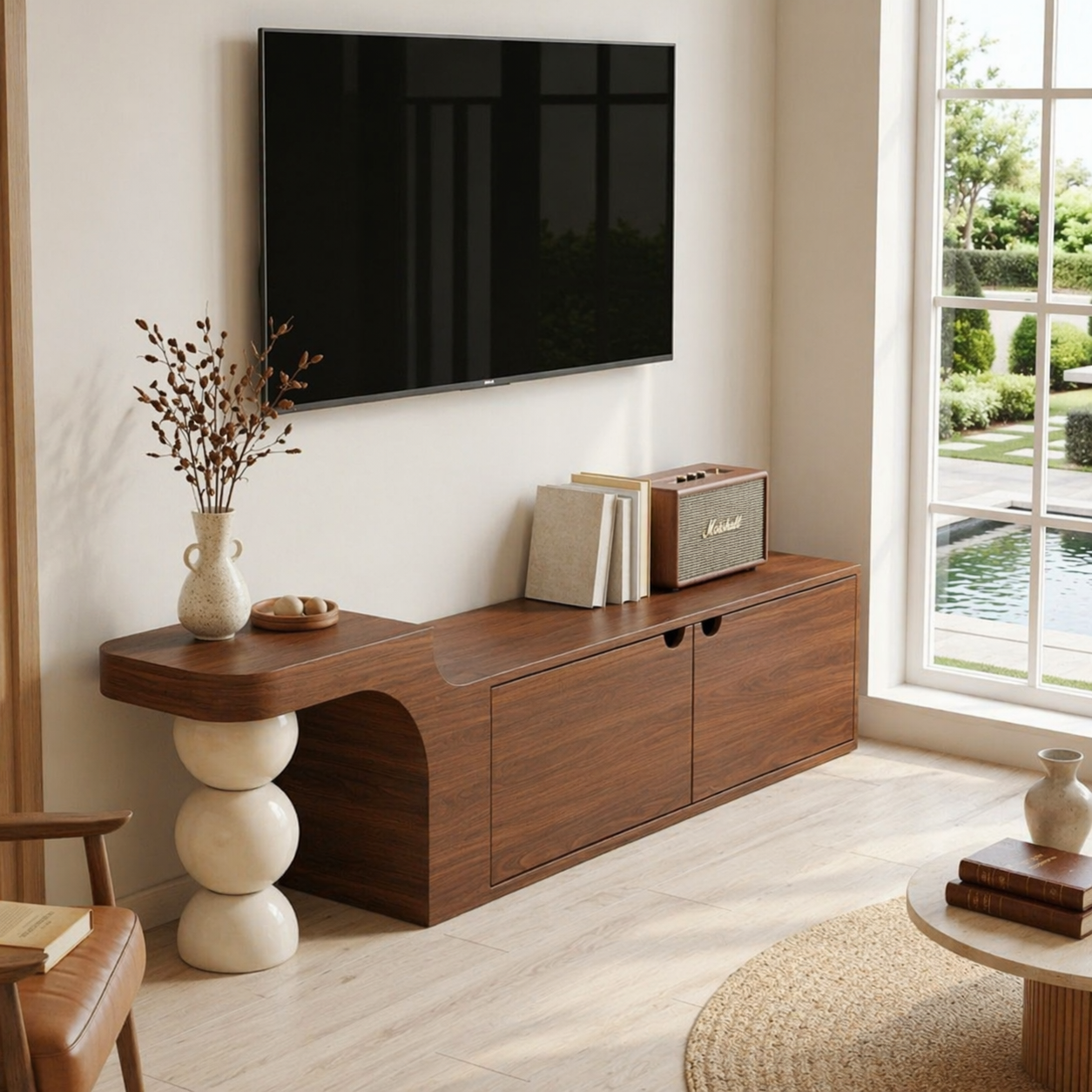 Modern Asymmetrical TV Console, Sculptural Media Cabinet for Elegant Home Interiors