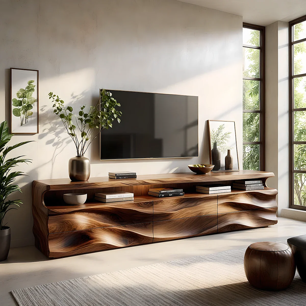 Solid Wood TV Stand Modern Walnut Media Console with Wave Front Design