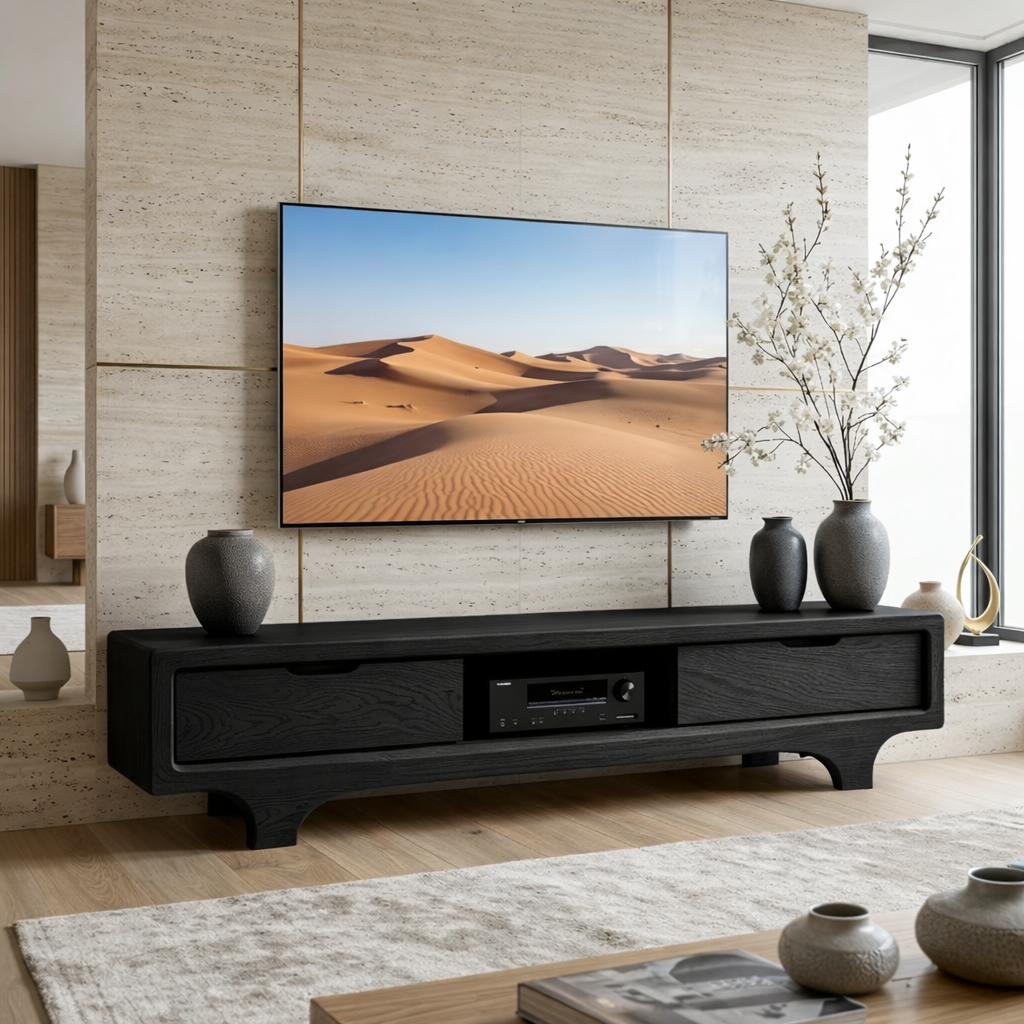 Solid Wood TV Stand with Drawers, Low Profile Modern Media Console Cabinet