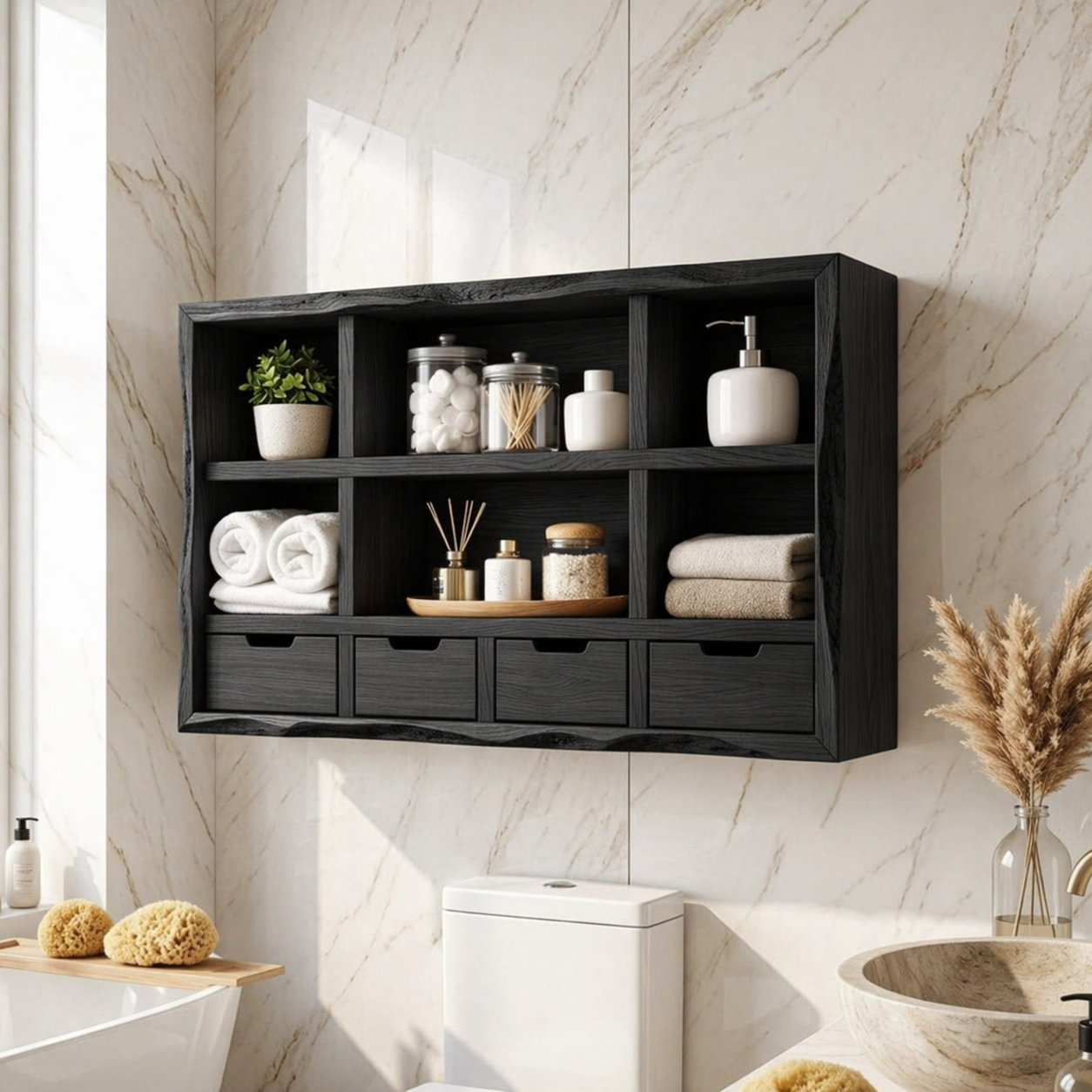 Floating Bathroom Cabinet, Wall Mounted Vanity Organizer With Drawers and Shelves