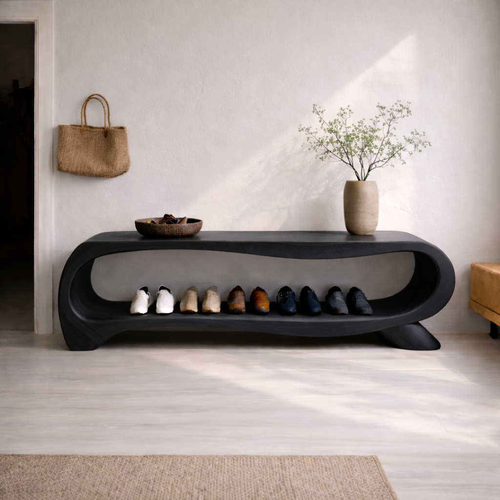 Modern Solid Wood Entryway Bench with Shoe Storage Shelf – Curved Wooden Shoe Rack Bench