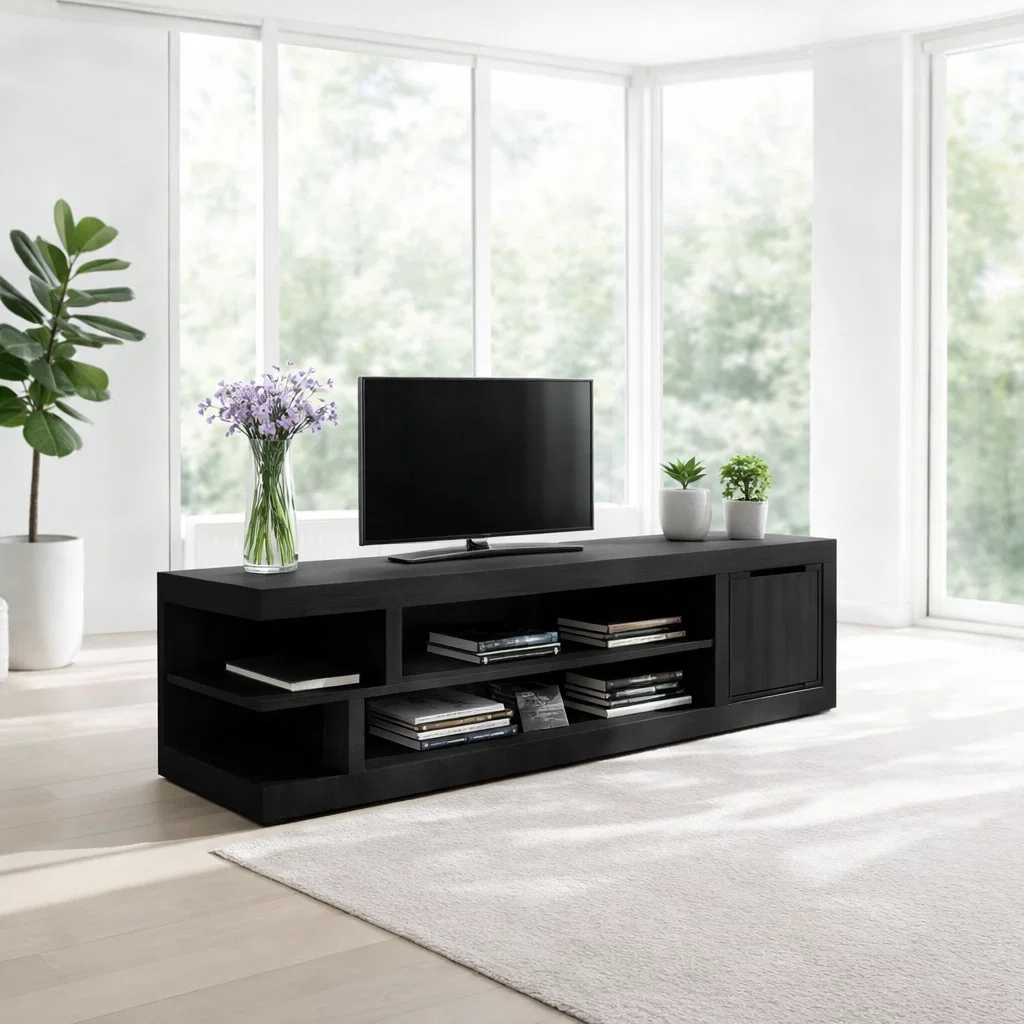 Solid Wood Media Console with Open Shelves & Cabinet, Modern TV Stand