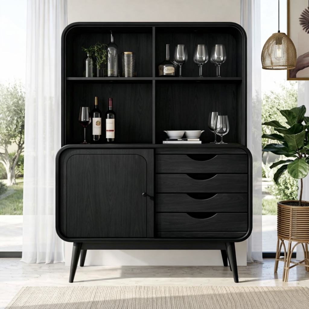 Modern Wine Cabinet with Open Shelves, Drawers and Concealed Storage Door