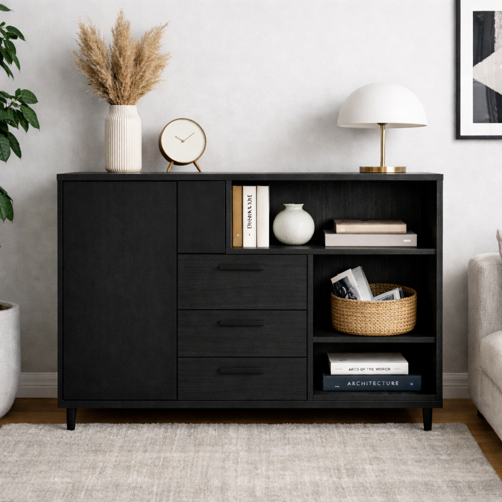Modern Solid Wood Console Cabinet with Drawers, Door & Open Shelf Storage