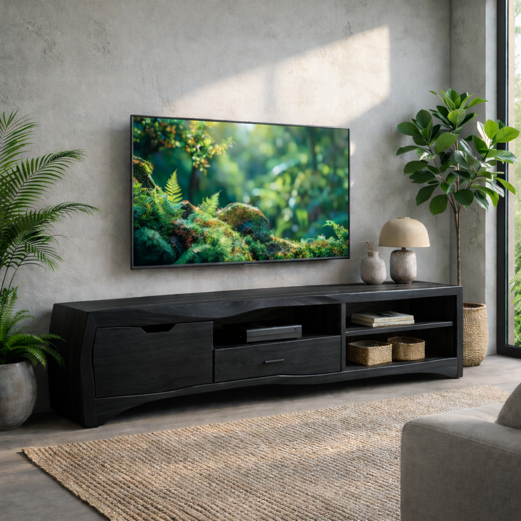 Modern Solid Wood TV Stand with Storage Drawers and Open Shelves – Living Room Media Console