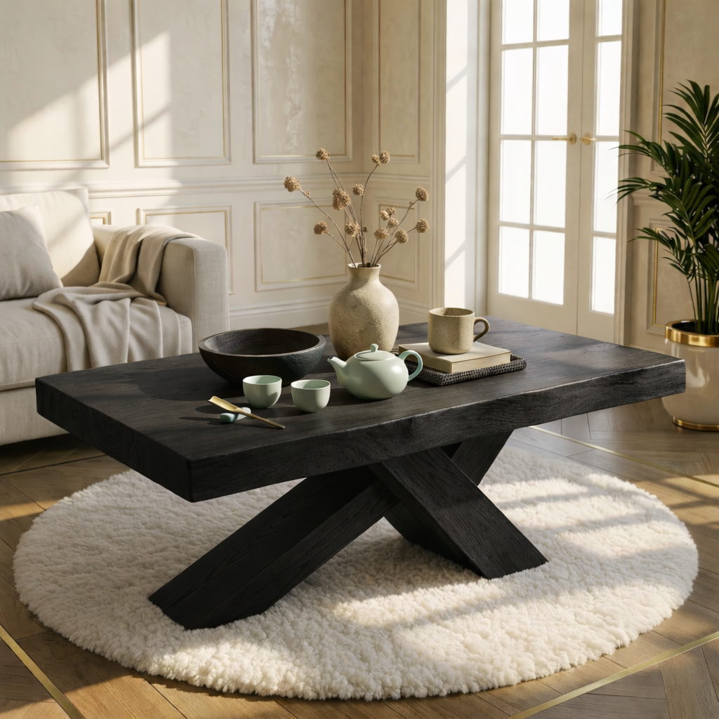 Rustic Solid Wood Coffee Table with X-shaped Legs and Natural Finish
