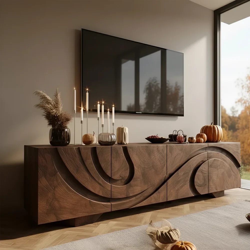 Solid Wood TV Stand Modern Walnut Media Console with Sculpted Doors and Storage